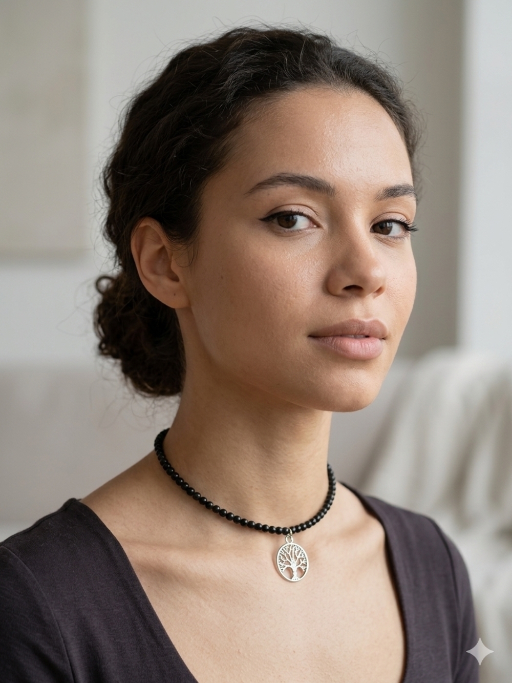 Silver Tree of Life Pendant Necklace with Black Beaded Choker